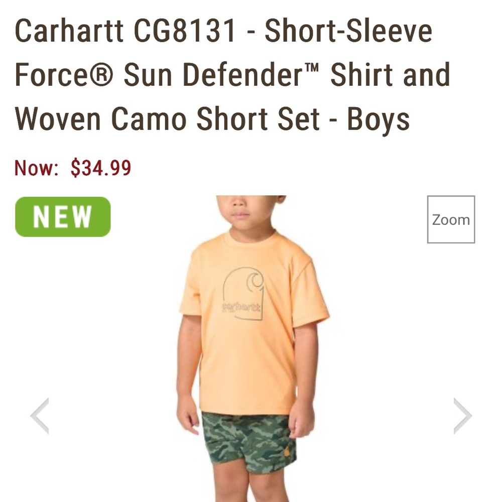 Carhartt Boys Peach Short-Sleeve Sun Defender Tee with Green Camo Shorts